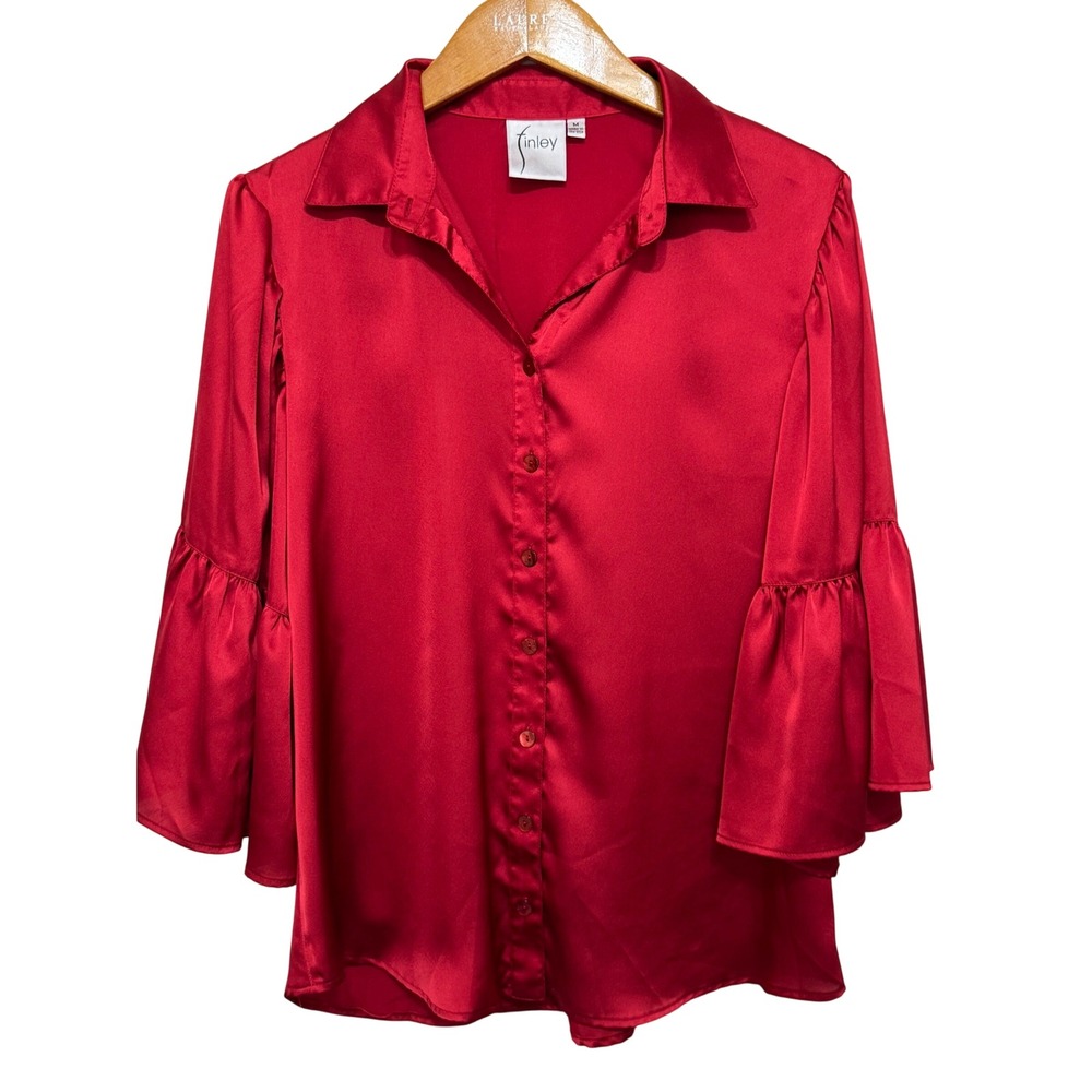 Finley Naomi Satin Shirt Bell Sleeves Medium Red